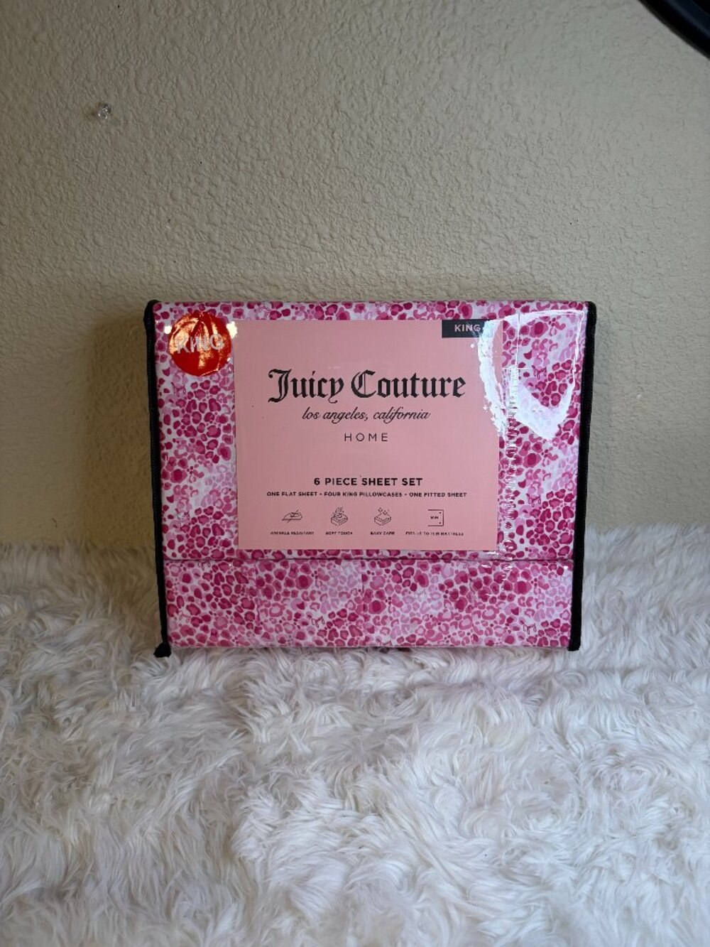Juicy Couture King Sheet Set Pink Leopard Cheetah 6 Piece Logo Bedding NWT